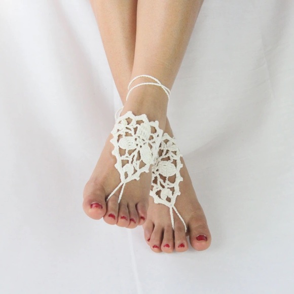 NEW PAIR White Handmade Barefoot Crochet Anklet - Picture 3 of 3
